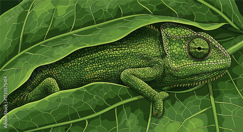 Green chameleon camouflaged among lush jungle leaves, a detailed reptile nature wildlife svg vector illustration isolated on transparent background.