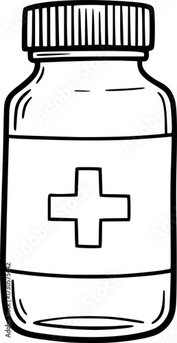 a black and white drawing of a medicine bottle with a cross on it, vector illustration

