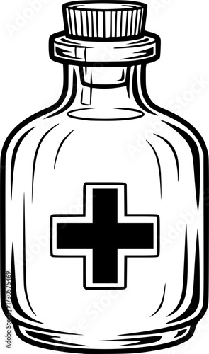 a black and white drawing of a medicine bottle with a cross on it, vector illustration

