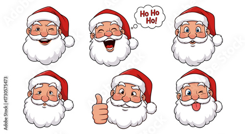 Cartoon Santa Claus head collection with diverse emotional expressions like winking and laughing. Christmas character icon set svg vector illustration design.