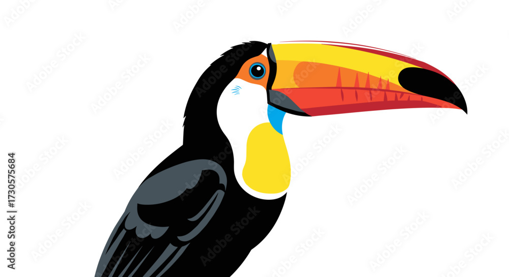 Fototapeta premium Colorful Toco Toucan bird with a large vibrant beak depicted in a flat graphic style. Detailed SVG vector illustration isolated on transparent background.