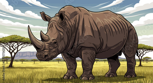 A majestic wild African rhinoceros standing powerfully in its natural savanna habitat, a detailed vector illustration, svg, isolated on transparent background.