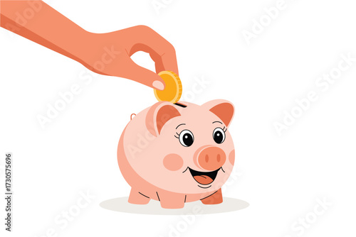 Piggy Bank Coin Drop: Savings, Finance, and Investment Illustration with a cute pig, ideal for teaching kids about managing money and saving.