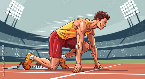 Dynamic male runner in starting blocks on stadium track, poised for sprint, a powerful vector illustration isolated on transparent background. svg