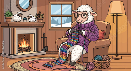 Cute sheep with glasses knitting a rainbow scarf by a fireplace in a cozy winter room. Vector illustration. SVG. Isolated on transparent background.