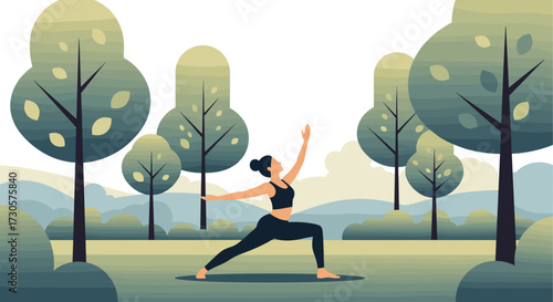 Woman practicing warrior two yoga pose in a peaceful green park landscape. Modern vector illustration, isolated on transparent background, ideal for health and wellness SVG.