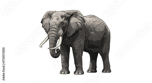 Majestic African elephant standing proudly with large tusks, a detailed vector illustration of wild animal power, isolated on transparent background for diverse designs.