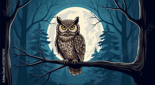 Majestic great horned owl perched on a sturdy tree branch in a mystical dark forest under a luminous full moon, vector illustration svg.
