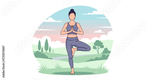 Woman in yoga tree pose practicing mindfulness and balance outdoors, a serene vector illustration svg isolated on transparent background for wellness and health designs.