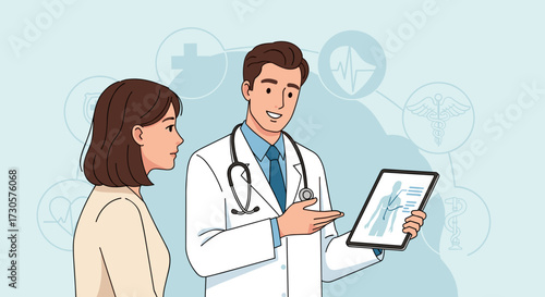 Male doctor explains medical data on a tablet to a female patient during a healthcare consultation, vector illustration, isolated on transparent background.