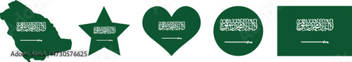 Saudi Arabia flag map, button, round, heart, love, star, PNG shape vector illustration