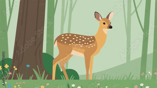 Illustration Of A Small Brown Deer Standing At The Edge Of A Forest With Green Grass And Wildflowers Vector Design Template