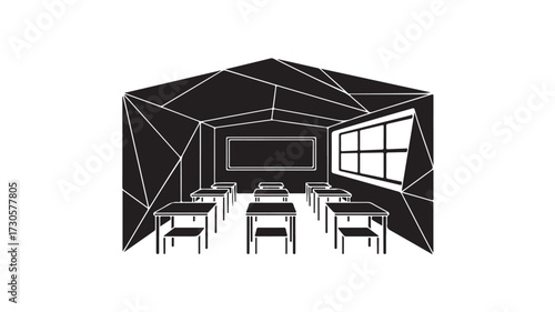 Striking geometric illustration of an empty classroom with desks, blackboard, and window, evoking a sense of modern learning environments and academic settings
