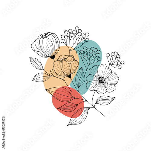 Abstract botanical illustration with organic shapes and floral elements.