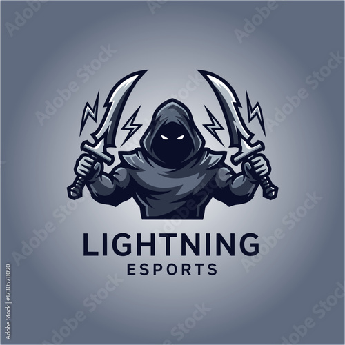 A dark hooded figure wielding two lightning swords, with 'LIGHTNING ESPORTS' text below, designed as a gaming logo.