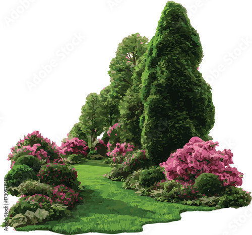 Vector art of beautiful garden landscape with trees and flowers