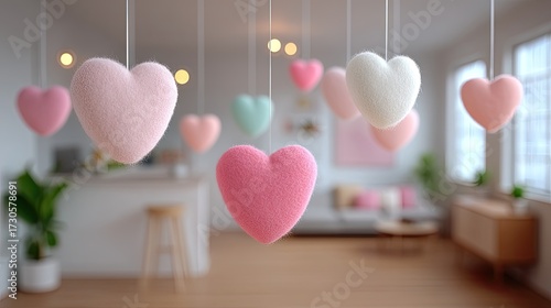 Macro Close Up of Hanging Plush Heart Decorations in a Bright Room with Blurred Background and Soft Lighting