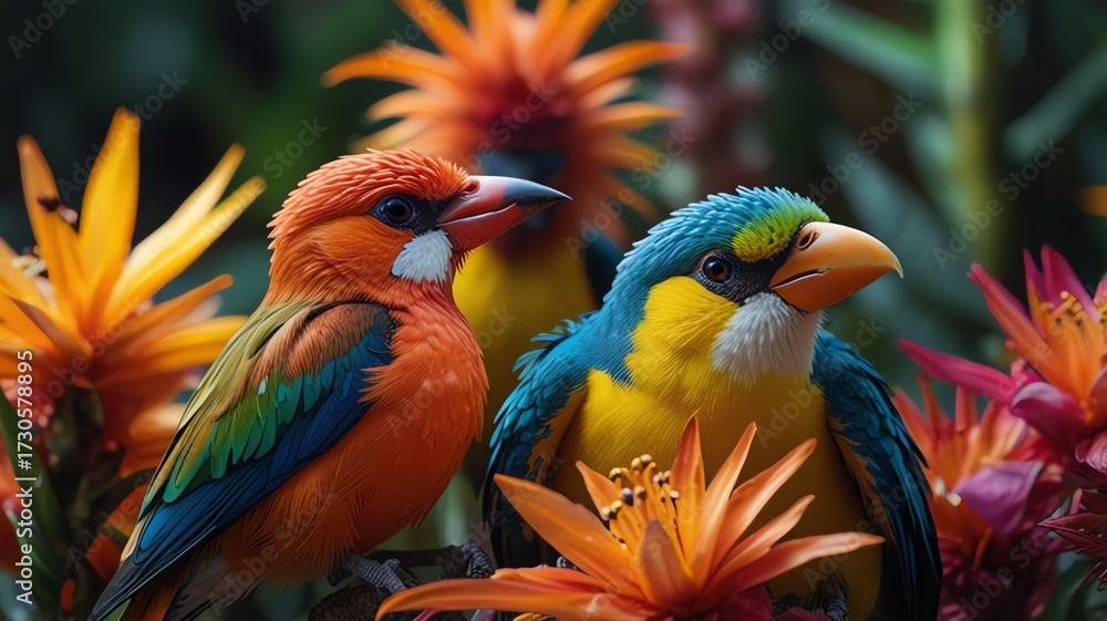Obraz premium Vibrant, colorful birds perched amidst exotic tropical flowers in a lush, natural setting.