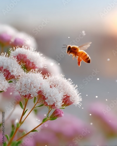 Macro Close Up Of Honey Bee Hovering Near Pink And White Flowers Against Soft Background