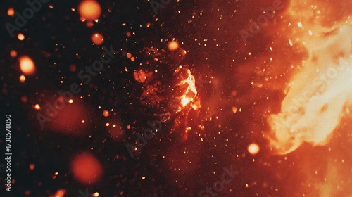 Abstract Fiery Explosion with Bright Sparks and Orange Flames in Dark Background