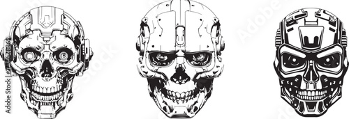 Vector art of three different cyborg skulls in black and white style