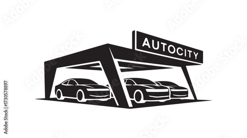 Dynamic modern auto dealership showcases sleek cars under a bold 'AUTOCITY' sign, perfect for automotive branding and service promotions.
