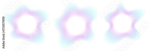 Sound equalizer icons with lines and dots, gradient neon circular sound wave frames, abstract radial music icons. Audio beat symbol concept isolated on white. Vector illustration.