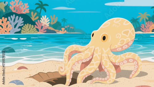 Illustration Of A Sand Octopus Digging A Hole In The Tropical Sea Sand Vector Design Template