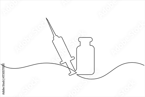Syringe and medicine bottle continuous one line art vector illustration