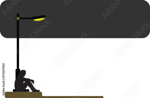 Silhouette of a man sitting alone under a street lamp at night, contemplating life with a melancholic mood, copyspace for text.