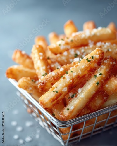 Macro Close Up Of Golden French Fries In A Metal Basket Against A Gray Background