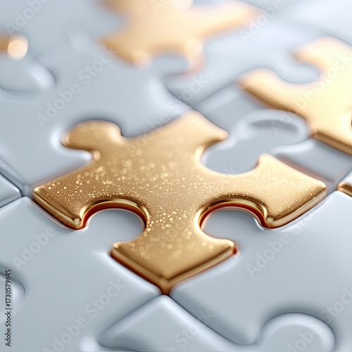 Macro Close Up Of Golden Jigsaw Puzzle Piece Over Blue Gray Background with Cinematic Lighting