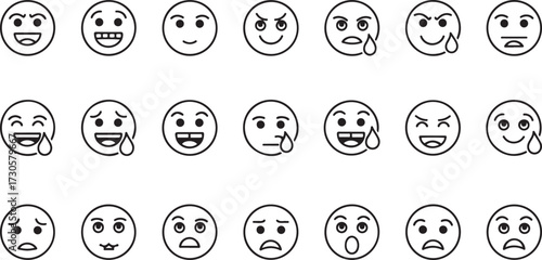 Collection of Line Art Emoji Faces Expressing Various Emotions and Feelings Keywords: emoji, emoticon, face