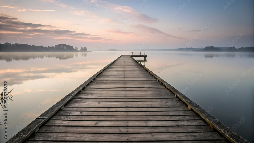 Naklejka premium wooden pier on lake with sunset sky and calm water