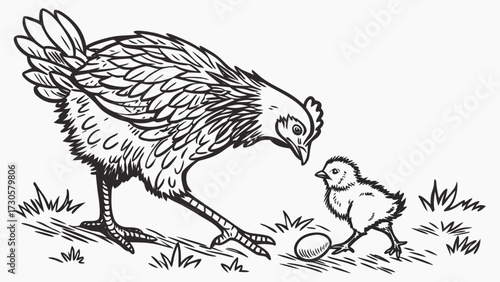Vector illustration of a single chicken and a chick peacefully walking on grass, minimal black outline, isolated on clean white background, cute concept