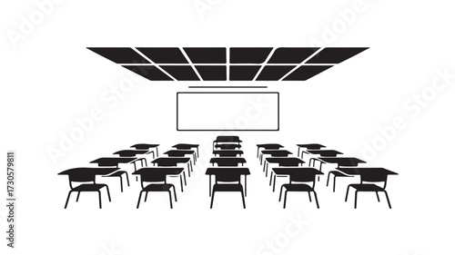 Empty classroom with rows of desks and chairs facing a blank projection screen, ready for learning and education
