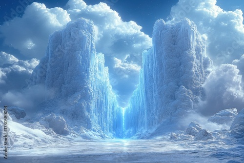 Frozen waterfall on frozen lake.