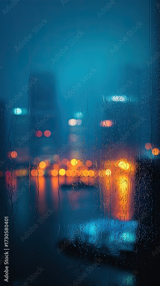 Obraz premium City Lights Through A Rain-Streaked Window At Night
