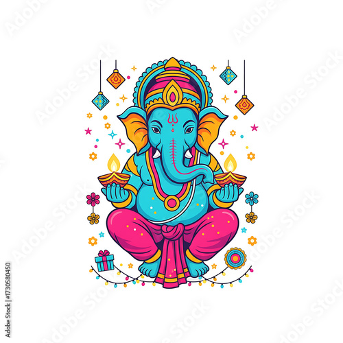 Vibrant ganesha deity in meditation holding lamps isolated on black background isolated on white background isolated on transparent background