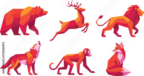 Geometric Low Poly Animals Bear Deer Lion Wolf Monkey Fox Set vector illustration