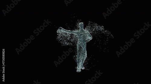 A 3D animated character performs a sword dance with dynamic water splash effects. The clip ends with an alpha matte, making it suitable for creative projects, entertainment, or digital media use.