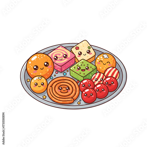 Cute kawaii sweets assortment on a plate isolated on transparent background isolated on white background
