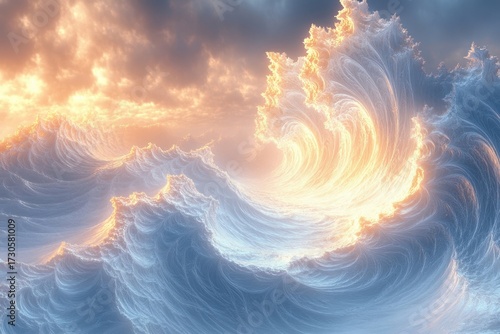 Large ocean wave with sunset backdrop.