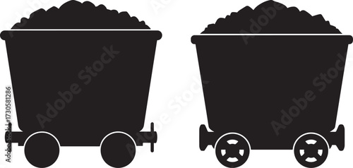 Two coal mine carts filled with coal silhouette