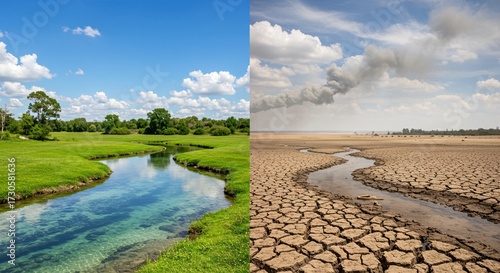 Conceptual diptych illustrating the dramatic contrast between a pristine, healthy river landscape and a barren, drought-stricken land due to pollution and climate change