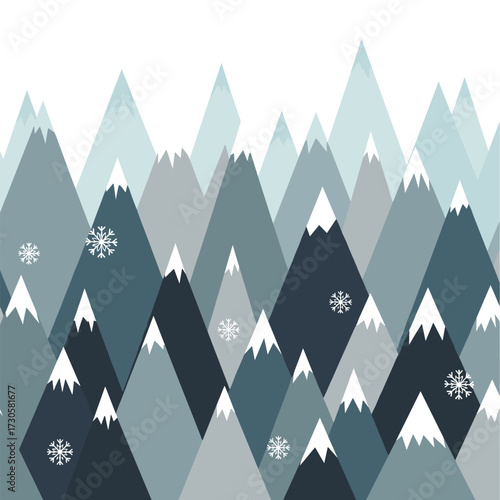 Abstract geometric winter mountain landscape with falling snowflakes in muted blue tones.