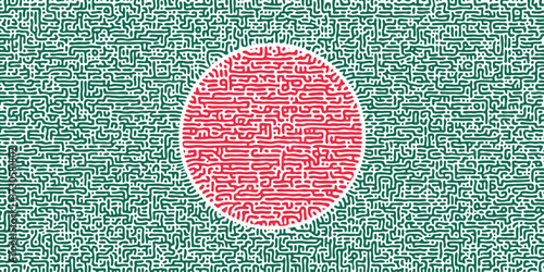 Bangladesh flag in seamless Turing diffusion pattern background in red and green with chaotic linear motion. Features abstract biological shapes and organic textures.