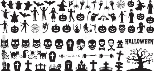 Set of halloween silhouettes black icon and character. Vector illustration. Isolated on white background