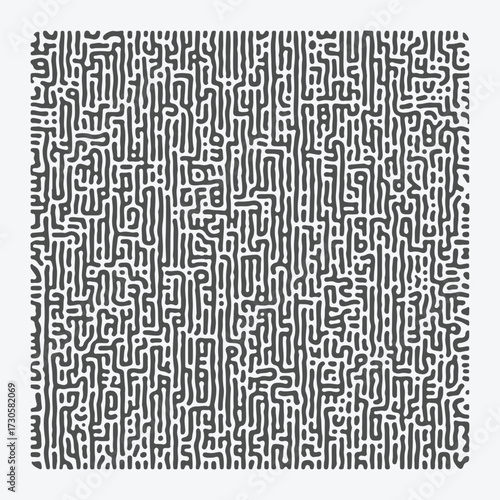 Seamless Turing pattern background in black and white with chaotic linear motion. Features abstract biological shapes and organic textures. Perfect for trendy wallpapers and backdrops