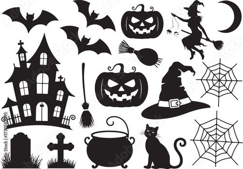 Big Set of halloween silhouettes black icon and character. Vector illustration. Isolated on transparent background.